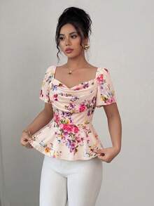 Elenzga Elegant Romantic Printed Ruffle Collar Fitted Women Blouse - Multicolor - View 3