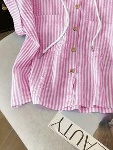 GlowEve Áo khoác cardigan nữ mùa hè dáng ngắn, chất liệu chiffon kẻ sọc, có mũ, kiểu dáng thường ngày, đa năng, có túi, tay ngắn. - Hồng - Xem 3