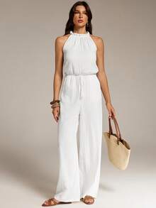 SHEIN Tall Mono de mujer con unicolor, cintura con borlas y atar, para vacaciones - Blanco - Ver 7