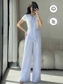 Mulvari Pantalones de mujer a rayas azules y blancas, nueva llegada de primavera - Azul - Ver 2