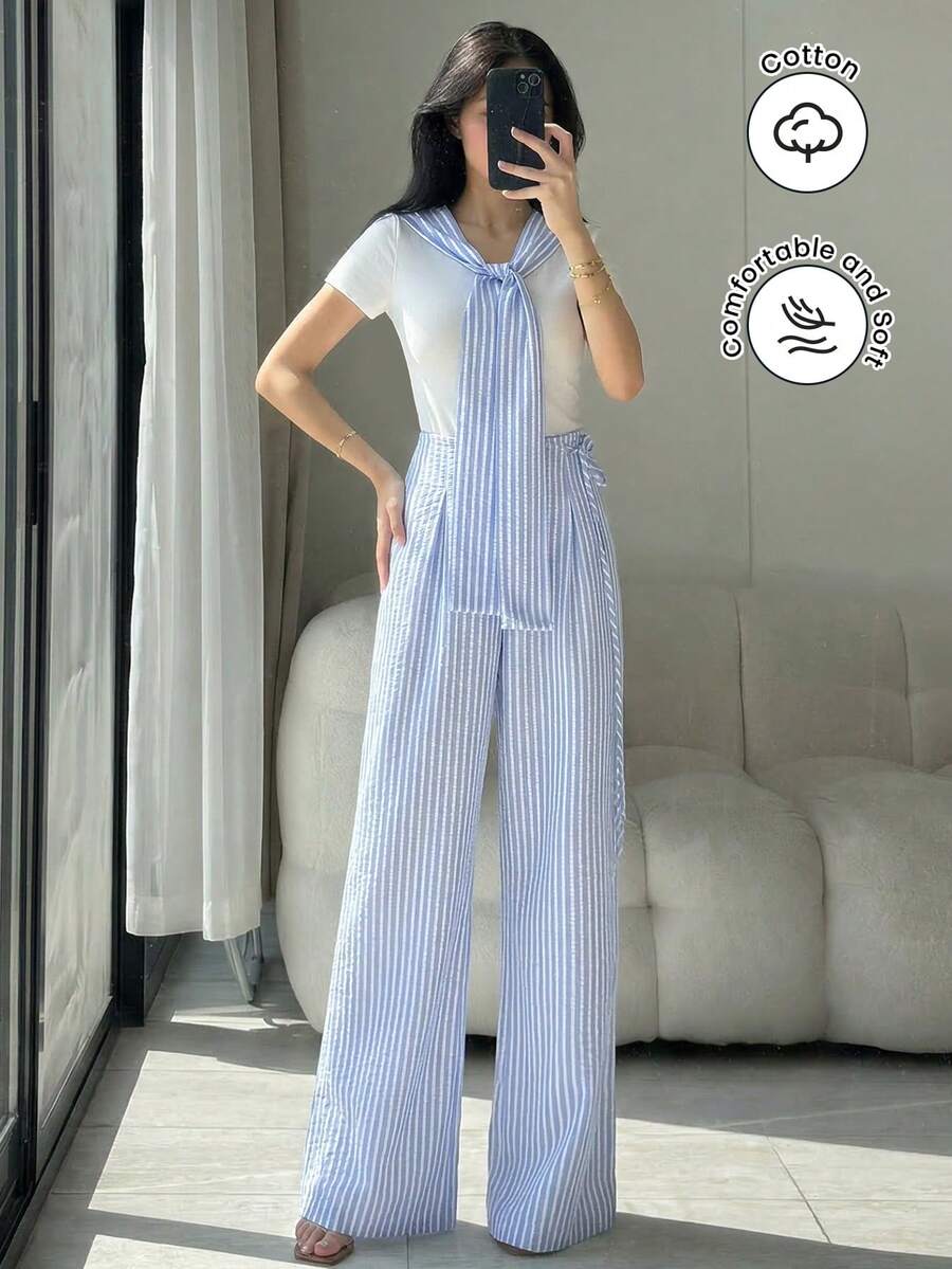 Mulvari Pantalones de mujer a rayas azules y blancas, nueva llegada de primavera