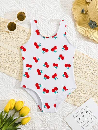 SHEIN Baby Girls' Beach Holiday Style Printed One-Piece Swimsuit, Suitable For Vacation And Pool Play, Baby Girls' Summer Holiday One-Piece Printed Random Beach Outfit