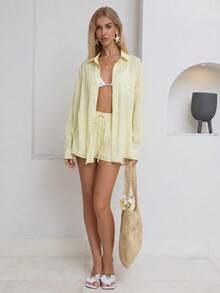 Sunnyshic Women's Spring/Summer Casual Linen Blend Loose Fit Button-Up Shirt & Low-Waist Shorts 2-Piece Set - Light Yellow - View 6