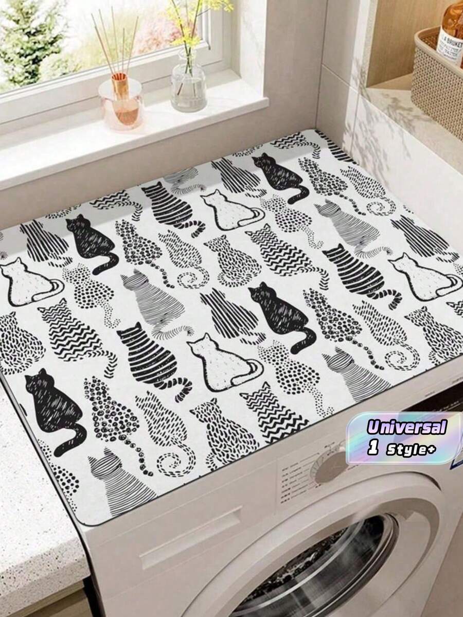 SHEIN 1PC Black White Cat Pattern Washer Mat Non-Slip TPR Top Cover Anti-Vibration Pad Laundry Room Organizer Universal Fit Machine Protector Decorative Home Appliance Pad - Multicolor - View 1
