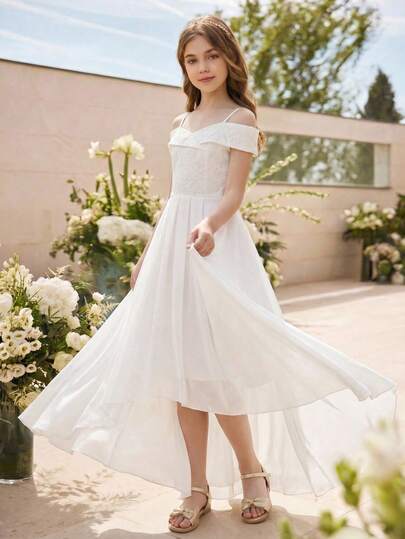 Glamorique Kids Đầm hai dây ren phối ren cho bé gái tuổi teen, kiểu dáng ngắn trước dài sau, thích hợp cho đám cưới, dạ hội, tiệc sinh nhật, tiệc chiêu đãi, mọi mùa.