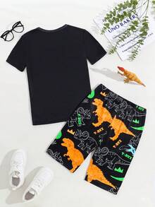 Luminous Dinosaur Print Pajama Set, Short Sleeve Shorts, Casual Snug Fit Loungewear For Teens & Young Men - Black - View 2