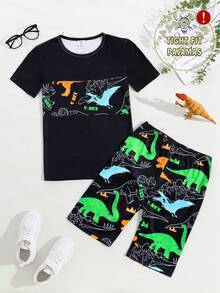 Luminous Dinosaur Print Pajama Set, Short Sleeve Shorts, Casual Snug Fit Loungewear For Teens & Young Men - Black - View 3