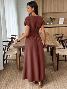 Elouméa Women's Vacation Solid Color Deep Shirred Waist Tie Mid-Length Dress - Brown - View 2