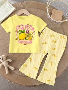 Infant/Toddler Girls' Cute Summer Outfit,Pastel Yellow Lemon Graphic Short Sleeve T-Shirt And Striped Bow Flared Pants Set For Vacation,Comfortable - Multicolor - View 4
