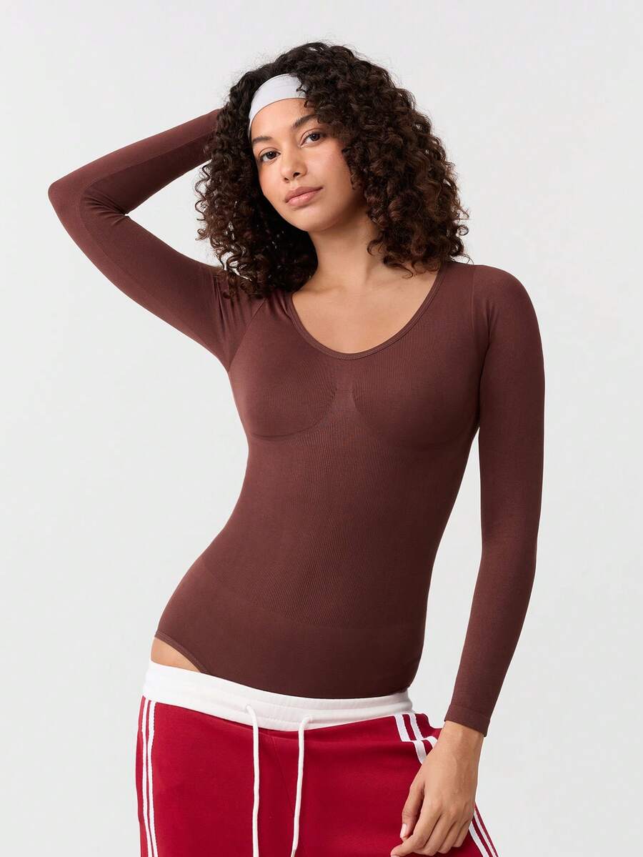 Loungeista 1pc Women's Seamless Crew Neck Long Sleeve Shapewear, Full Coverage Comfortable Bodysuitfor Summer - Brown - View 1
