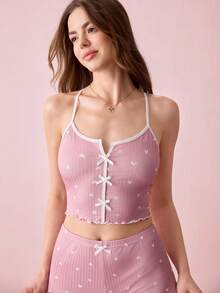 Bonmuse Women's Heart Printed Pajamas Set With Bow Decorationfor Summer - Pink - View 5