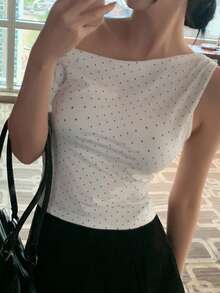 DAZY Áo thun nữ chấm bi cổ lệch dáng ôm, kiểu dáng thường ngày và thời trang cho kỳ nghỉ hè. - trắng - Xem 6
