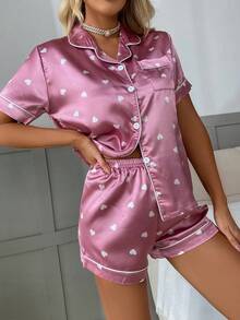 Pink Heart Print Contrast Piping PJ Set / Pajama Set - Dusty Pink - View 6
