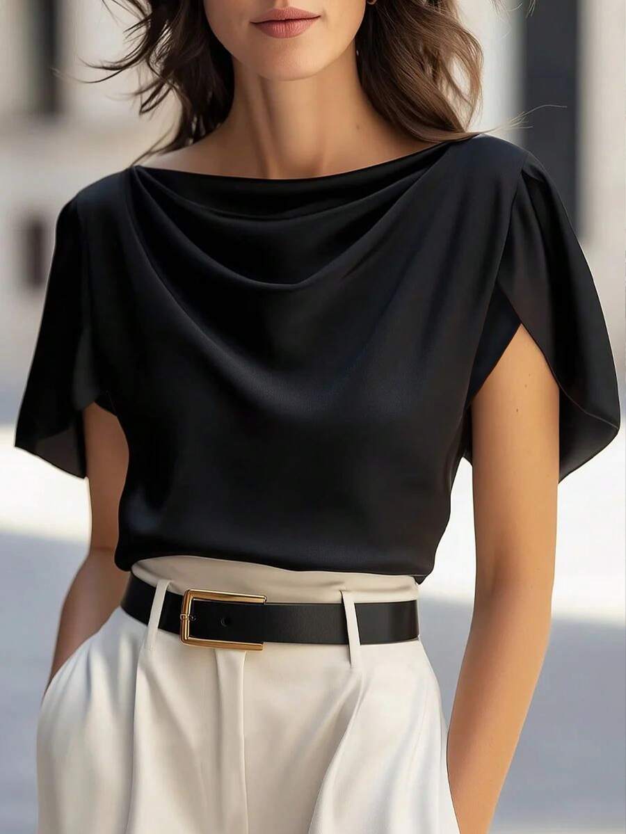 SHEIN 2026新款女士缎面衬衫 | 垂领配开衩花瓣袖 – 优雅的办公衬衫，适合专业和休闲场合 - 黑色 - 查看 1