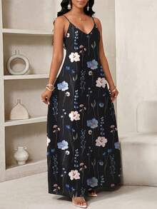 SHEIN Lady 女士休闲碎花无袖连衣裙，夏季 - 黑色 - 查看 5