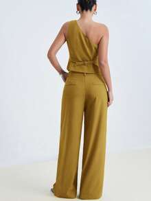 Aveloria Modichic Standard Size Solid Color Asymmetric Collar Sleeveless Vest And Wide Leg Pants Casual Elegant Suit Set Work Mustard Yellow Summer - Coffee Brown - View 2