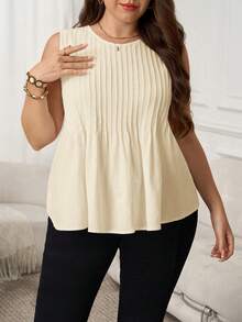 SHEIN LUNE Áo camisole cổ tròn dáng suông, màu trơn, thiết kế xếp ly dành cho nữ cỡ lớn - Màu be - Xem 5