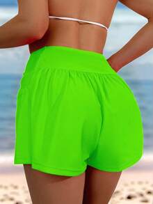 Swim Lushoire Women's Neon Green Pocket Casual Beach Shorts - Green - View 2