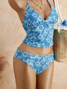 SHEIN Swim Vcay Bộ đồ hai mảnh gồm áo ba lỗ và bikini màu xanh bạc hà in hoa dành cho nữ, mã 26SS, thích hợp cho kỳ nghỉ hè. - Nhiều màu - Xem 5