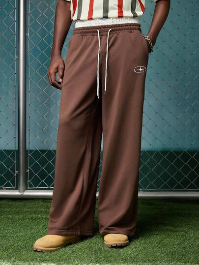 EVRINFINITE Men's Double-Layer Waistband Drawstring Waist Graphic Embroidery Casual Sweatpants Men's Drawstring Pants Brown Baggy Pants Men's Sweatpants Brown Pants Men Brown Sweatpants Men