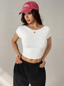 SHEIN PETITE Women's Casual Solid Color Backless Cropped T-Shirt, Summer,Summer Top - White - View 5