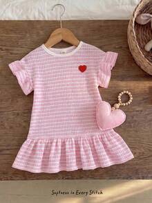 Baby Girl Heart Striped Pattern Round Neck Short Sleeve Dress - Pink - View 8