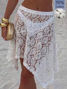 SHEIN Allurite Chân váy ren nữ phong cách Boho thanh lịch vạt bất đối xứng, váy ren đi biển che bikini, trang phục đi biển nghỉ dưỡng mùa hè cho nữ, váy ren che bikini màu trắng họa tiết hoa - trắng - Xem 8