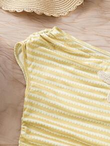 Emery Rose Kids Áo vest dệt kim kẻ sọc cho bé gái tuổi teen, kiểu dáng lệch vai, phong cách thường ngày. - Màu vàng - Xem 5