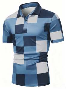 Manfinity Mode Men's Plaid Print Short Sleeve Casual Commuter Polo Shirt - Blue - View 4