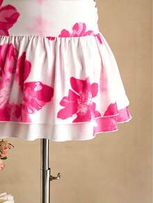 SHEIN Vestido halter de niña grande con estampado de tinta rosa, vestido de verano con volantes y ajuste ceñido, lindo y elegante - Multicolor - Ver 4