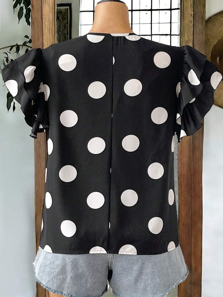 Plus Size Women Polka Dot Print Round Neck Ruffle Sleeve Casual Blouse