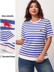 Comfylo Plus Size Women Blue And White Stripe Patchwork Knight Print Round Neck Short Sleeve T-Shirt T-Shirt Short Sleeve Top Casual T-Shirt Summer Top Tshirts For Women Casual Tshirt For Women Round Neck T Shirt Women Nautical Clothing For Women For Women Mother's Day Festival Outfit Women School - Multicolor - View 4