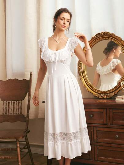 Côtesoire Elegant French Romantic Lace Patchwork Bow Tie Design Sweetheart Collar Long Solid Color Ladies Nightgown