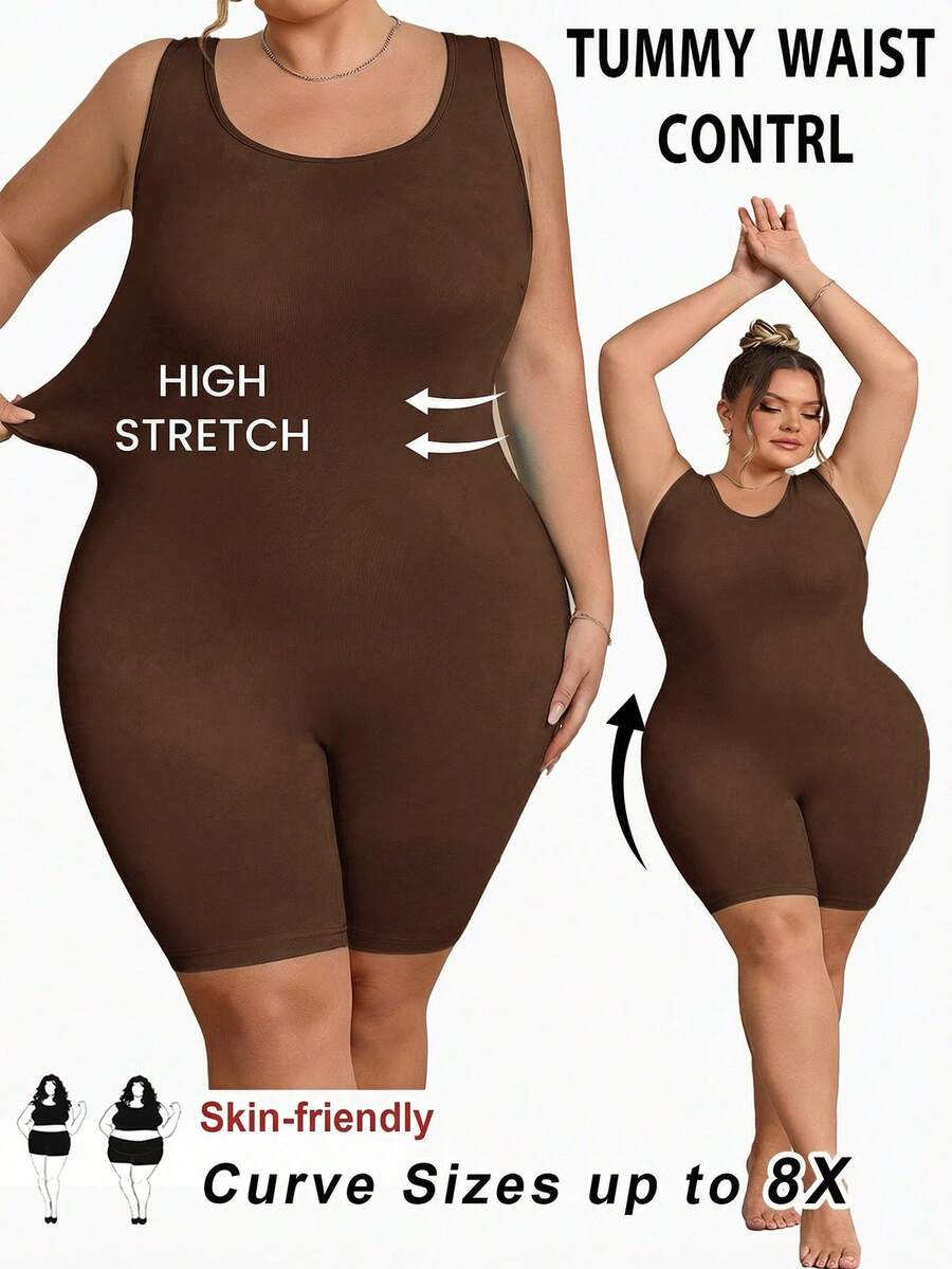 SHEIN CURVE+ 大码女士无缝塑身衣,胸部和臀部提拉 - 腹部、腰部和大腿塑形连体衣,曲线加大码,Hoho Vacation沙滩装/沙滩裙/沙滩度假装/沙滩必备/毕业典礼/下午茶派对礼服 - 棕色 - 查看 1