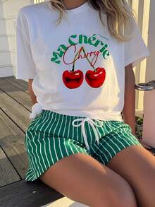 Tween Girls Sweet Tropical Fruit & Cherry Striped Casual Round Neck Short Sleeve T-Shirt And Shorts Set, Loose Pattern Print Top Tee Outfit For Summer Beach Holiday - Multicolor - View 3