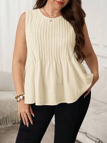 SHEIN LUNE Áo camisole cổ tròn dáng suông, màu trơn, thiết kế xếp ly dành cho nữ cỡ lớn - Màu be - Xem 2