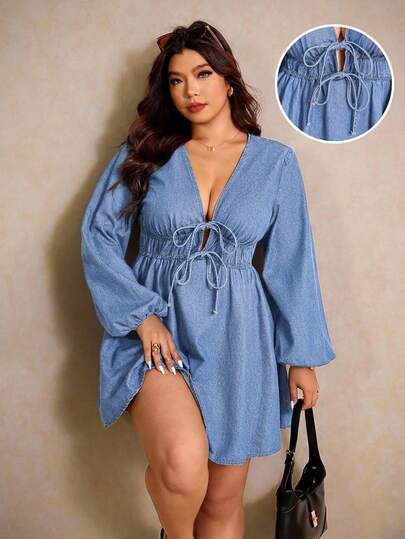 Elaquor Vestido de mezclilla casual con cuello en V profundo y lazo para mujer de talla grande