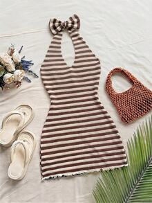 SHEIN Tween Girl Vacation Striped Casual Halter Dress - Brown - View 1