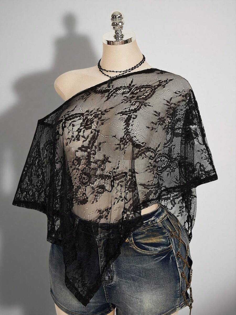 SHEIN ICON Áo khoác ren xuyên thấu gợi cảm dành cho phụ nữ cỡ lớn - màu đen - Xem 1