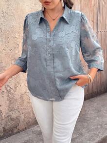 EMERY ROSE Plus Size Women's Solid Color Chiffon Jacquard V-Neck 3/4 Sleeve Button Decor Casual Blouse Fall - Blue - View 3