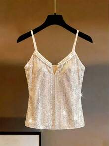 Franclia Áo hai dây cổ chữ V đính ngọc trai và sequin dành cho nữ, màu kem, không tay, thích hợp cho các bữa tiệc. - Màu be - Xem 1