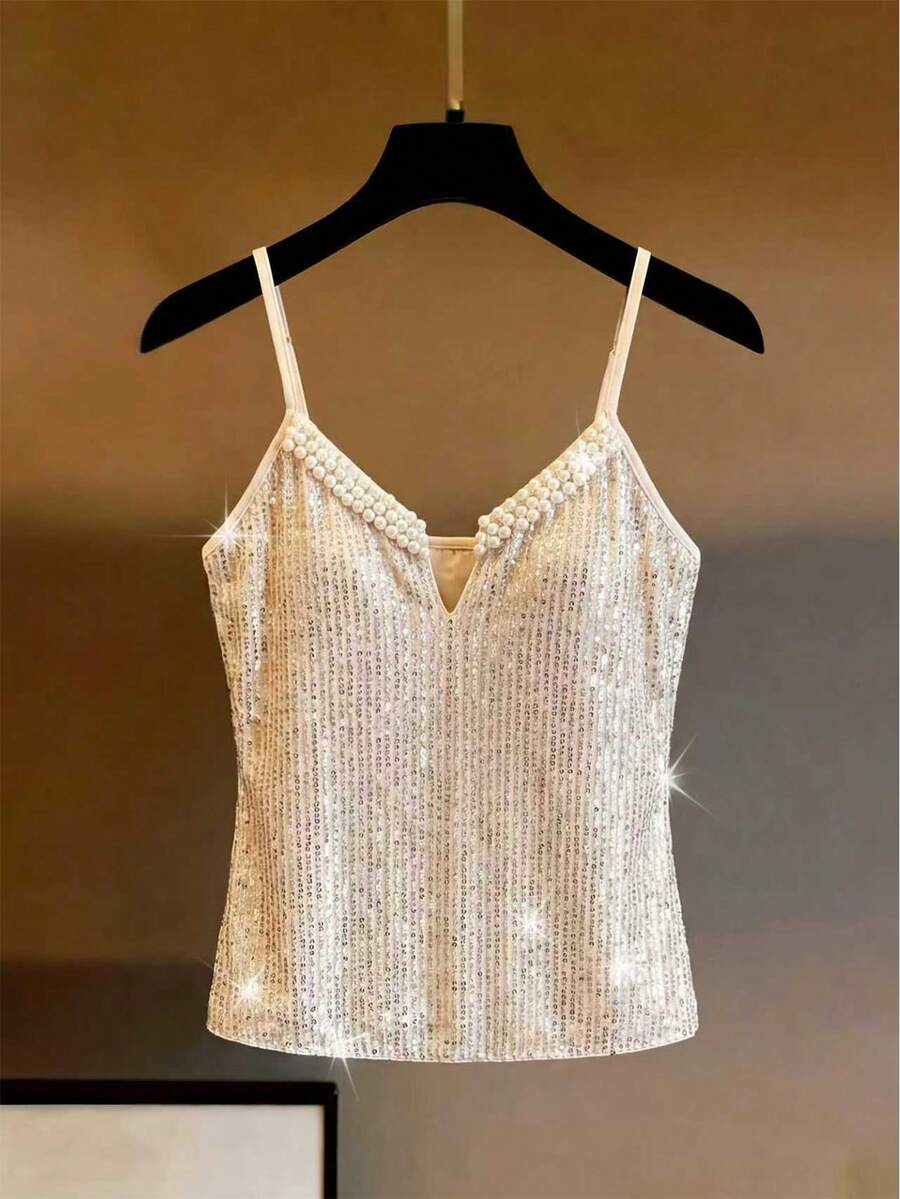 Franclia Áo hai dây cổ chữ V đính ngọc trai và sequin dành cho nữ, màu kem, không tay, thích hợp cho các bữa tiệc. - Màu be - Xem 1