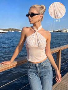 Opuloom 女款時尚性感辣妹彈性蕾絲掛脖無袖鏤空扭結針織背心，適合派對、約會、聚會、返校，時尚優雅女性日常休閒穿搭、通勤上班及各種場合 - 淺粉色 - 查看 1