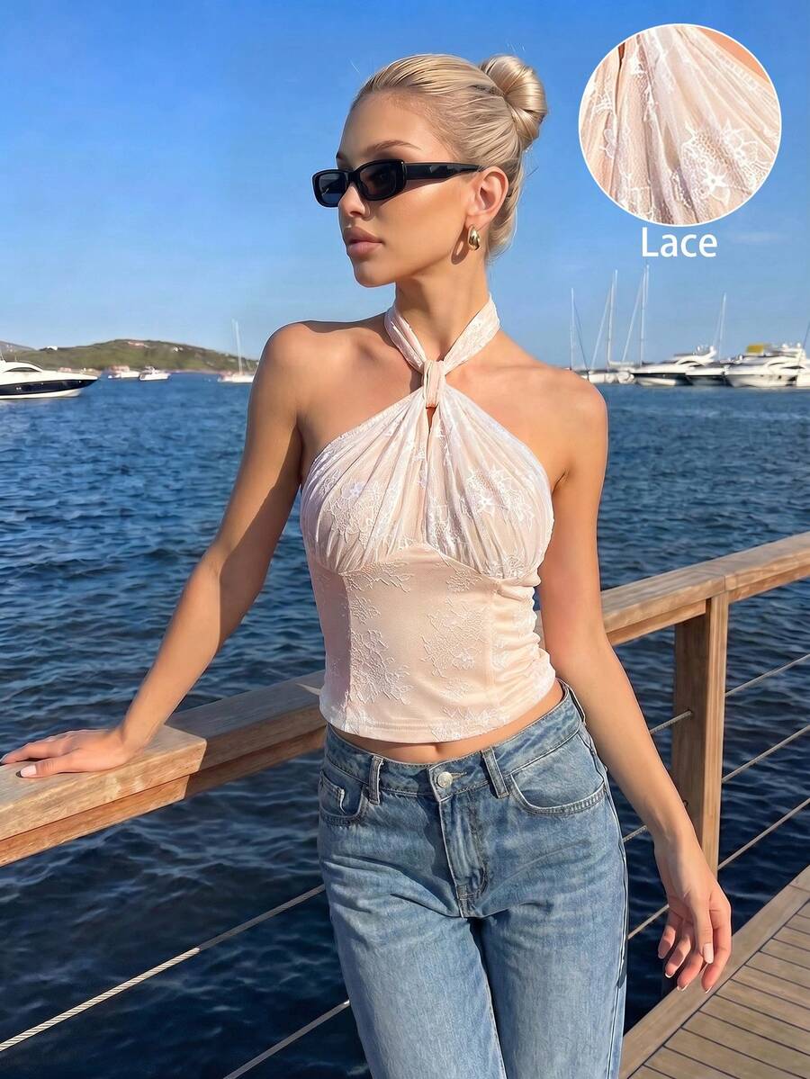 Opuloom 女款時尚性感辣妹彈性蕾絲掛脖無袖鏤空扭結針織背心,適合派對、約會、聚會、返校,時尚優雅女性日常休閒穿搭、通勤上班及各種場合 - 淺粉色 - 查看 1