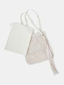 MOTF BOLSO DE HOMBRO PARA DAMAS, EXQUISITA BOLSA TEJIDA HUECA CON FLECOS PARA VACACIONES - Blanco roto - Ver 5