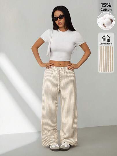 SHEIN PETITE Quần ống rộng kẻ sọc kiểu cổ điển dành cho nữ, có thắt lưng, thích hợp mặc hàng ngày, kiểu dáng suông, trang phục mùa thu phong cách cổ điển cho nữ.