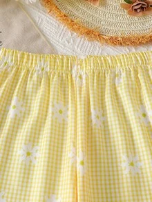 Elladie kids 2件套女童可爱甜美雏菊印花方领泡泡袖上衣+优雅休闲阔腿裤套装 - 黃色 - 查看 8