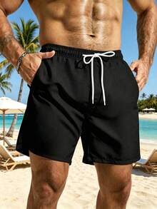 Manfinity Swimmode Plus Size Men's Summer Drawstring Waist Beach Shorts - Black - View 3