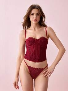 Bonmuse 1件蕾丝文胸性感露脐上衣，女士夜店派对上衣，带扣 - 酒紅色 - 查看 3