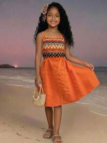 SHEIN Young Girl Patchwork Color Ruffle Strap Dress, Suitable For Summer Park, Beach, Photography, Outdoor Activities - Multicolor - View 3
